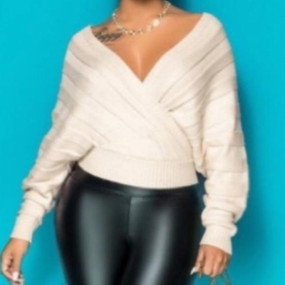 Front V Neck Back V W/A OPEN Back Striped Crisscross Front Twilled Silk Sweater - Picture 3 of 8